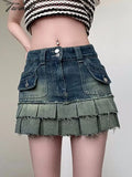 Tavimart Button Zipper Denim Skirt Women Double Stitching Pocket Pleated Ladies Workwear High Waist