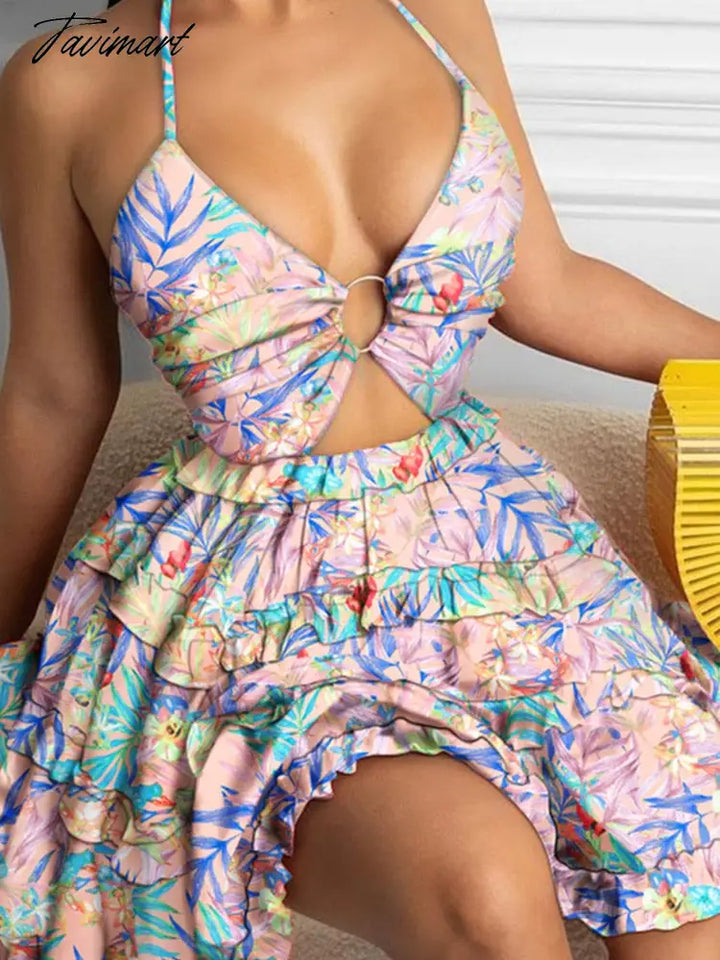 Tavimart Cami Deep - V Floral Print Dress Women Sexy Backless Halter Summer Pink / S