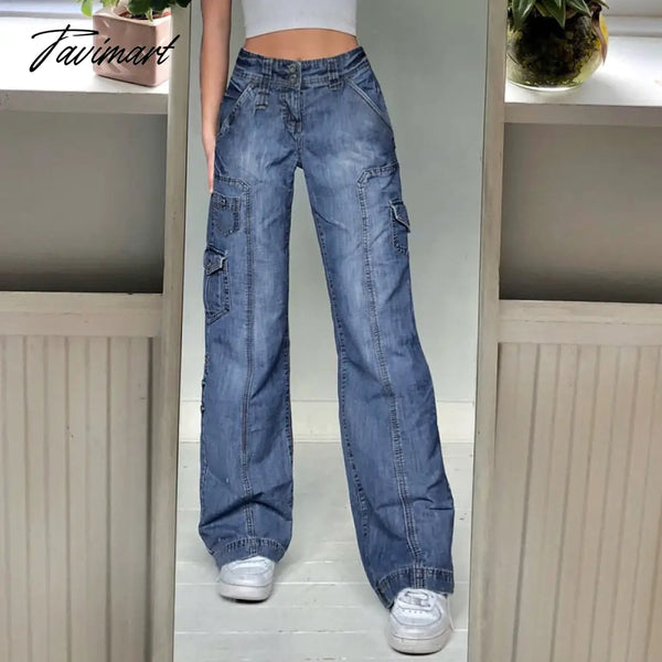 Tavimart Cargo Jeans Pants High Waist Loose Straight Fashion Women Clothes Y2K Casual Pockets