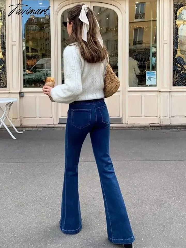 Tavimart Casual Bell Bottom Pants Jeans For Women Blue Elastic Fashion Y2K Trousers Autumn New High