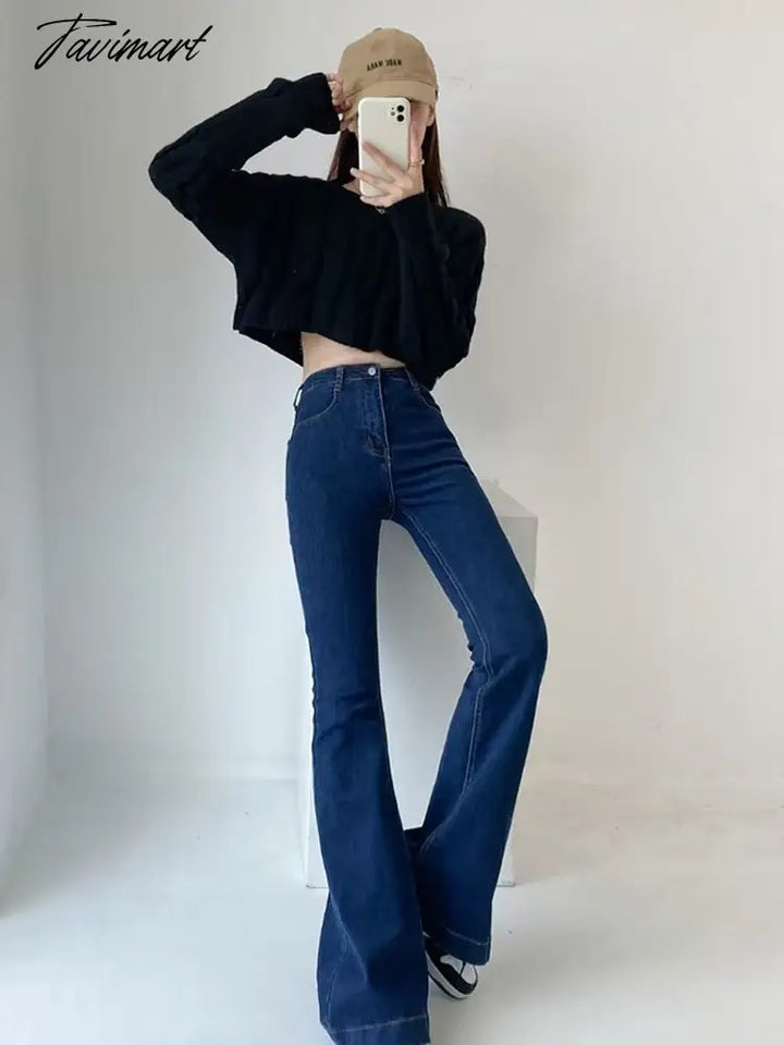 Tavimart Casual Bell Bottom Pants Jeans For Women Blue Elastic Fashion Y2K Trousers Autumn New High