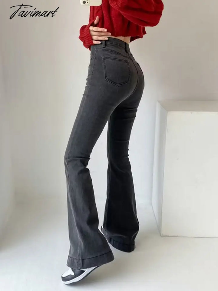 Tavimart Casual Bell Bottom Pants Jeans For Women Blue Elastic Fashion Y2K Trousers Autumn New High