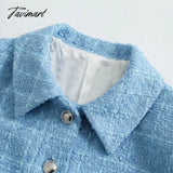 Tavimart Casual Blue Tweed Coat Women Loose Single Breasted With Pockets Jacket Street Style Chic