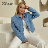 Tavimart Casual Blue Tweed Coat Women Loose Single Breasted With Pockets Jacket Street Style Chic