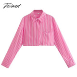 Tavimart Casual Button - Up With Pockets Stripe Cropped Blouse Women Long Sleeve Tops Spring Blue