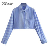 Tavimart Casual Button - Up With Pockets Stripe Cropped Blouse Women Long Sleeve Tops Spring Blue