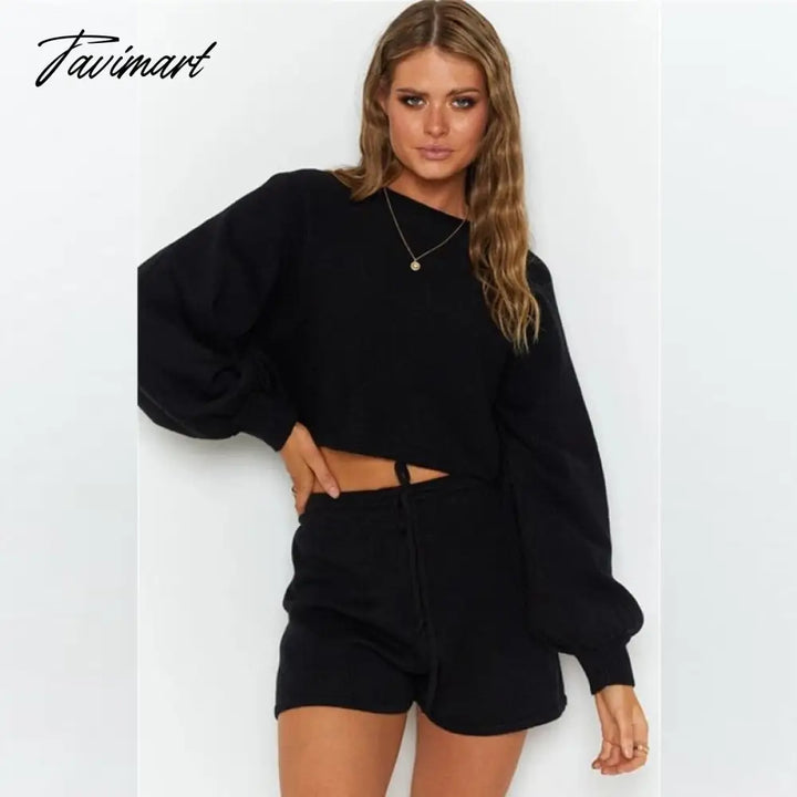 Tavimart Casual Loose Knitwear Tops Shorts Set Women’s O - Neck Long Sleeve Hemming & Drawstring