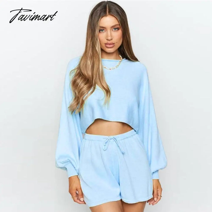 Tavimart Casual Loose Knitwear Tops Shorts Set Women’s O - Neck Long Sleeve Hemming & Drawstring