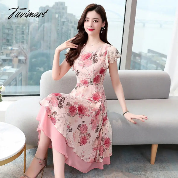 Tavimart Casual Pink Floral Ruffle Boho Beach Sundress Women Chic Sexy Prom Long Dress Korean