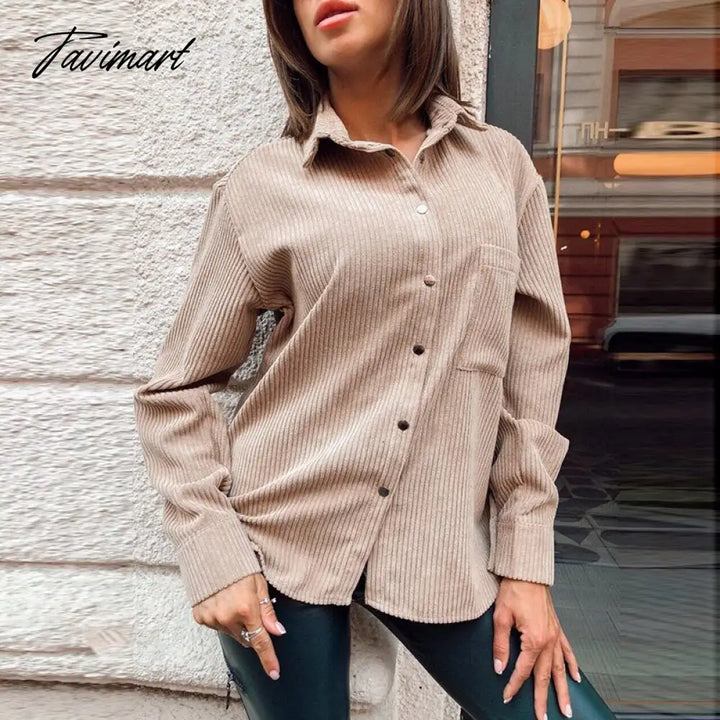 Tavimart Casual Pockets Corduroy Blouse Autumn Long Sleeve Single - Breasted Turn Down Collar Loose