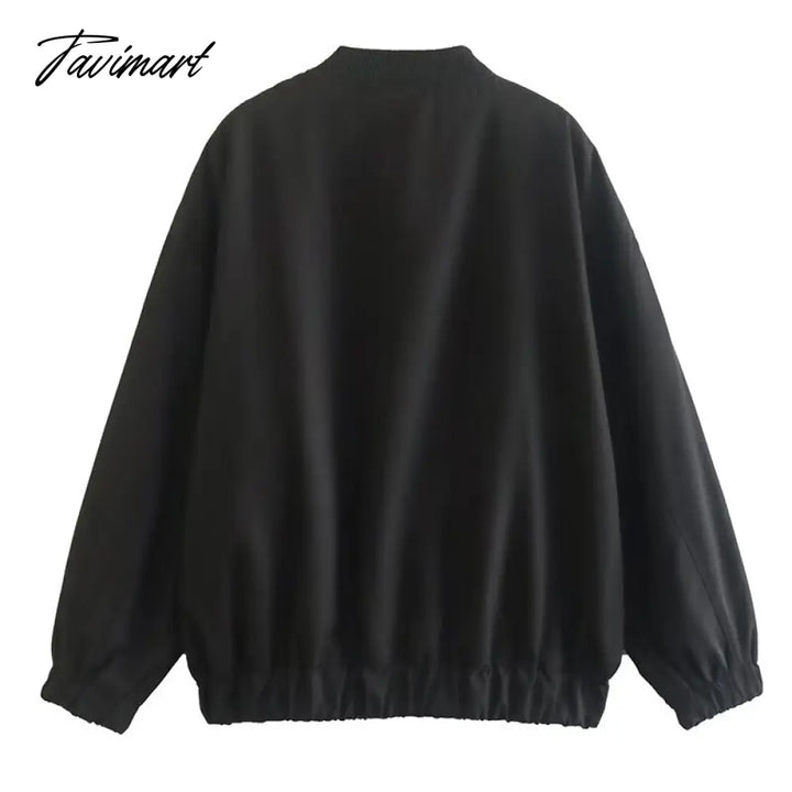Tavimart Casual Rib Collar Oversize Black Jacket Women Long Sleeve Tops Streetwear With Zipper