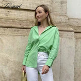 Tavimart Casual Solid Pockets Long Sleeve Color Contrast Blouses V Neck Patchwork Femme Split
