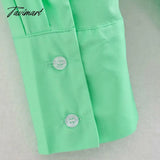 Tavimart Casual Solid Pockets Long Sleeve Color Contrast Blouses V Neck Patchwork Femme Split