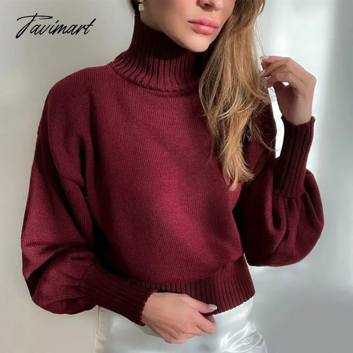 Tavimart Casual Turleneck Solid Lantern Sleeve Top Loose Knitted Winter Sweater Women Office Ladies