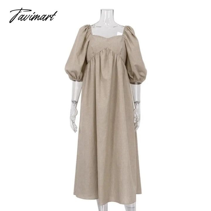 Tavimart Casual Vintage Women Puff Sleeve Square Collar Solid Color Loose Long Dress Female High
