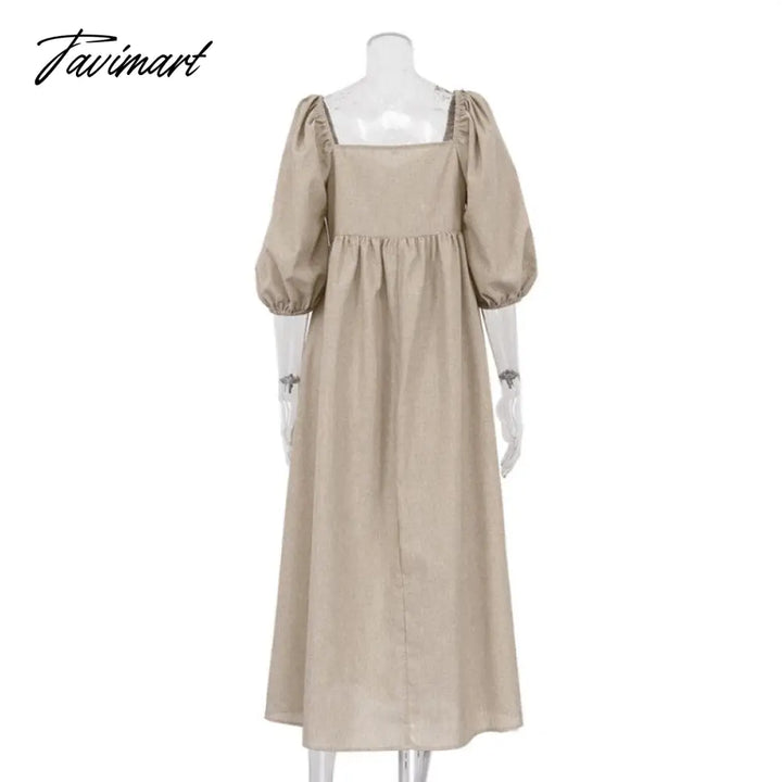 Tavimart Casual Vintage Women Puff Sleeve Square Collar Solid Color Loose Long Dress Female High