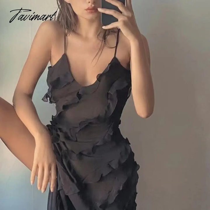 Tavimart Casual Women Sleeveless Beach Boho Long Dress Fashion Sexy Backless Ruffle Chiffon Evening