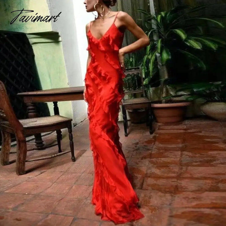 Tavimart Casual Women Sleeveless Beach Boho Long Dress Fashion Sexy Backless Ruffle Chiffon Evening