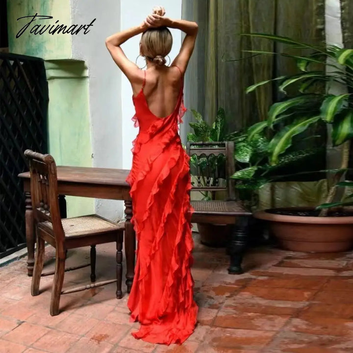 Tavimart Casual Women Sleeveless Beach Boho Long Dress Fashion Sexy Backless Ruffle Chiffon Evening