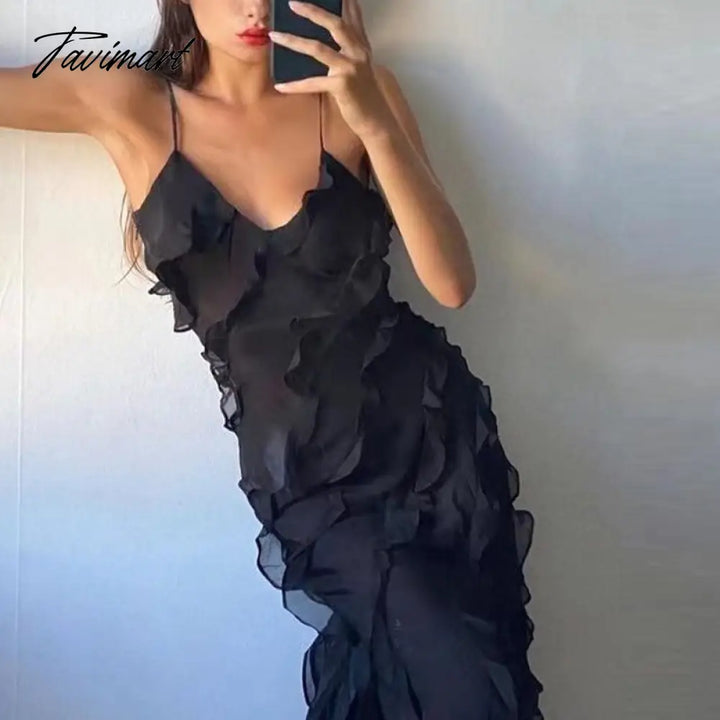 Tavimart Casual Women Sleeveless Beach Boho Long Dress Fashion Sexy Backless Ruffle Chiffon Evening