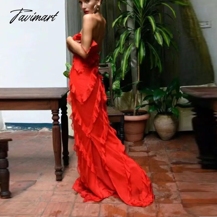 Tavimart Casual Women Sleeveless Beach Boho Long Dress Fashion Sexy Backless Ruffle Chiffon Evening