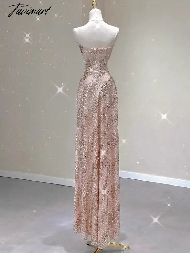 Tavimart - Champagne Pink Cocktail Dresses Strapless Sequins Shiny Party Zipper Tube Top Ceremony