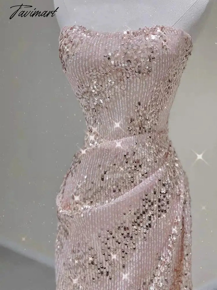 Tavimart - Champagne Pink Cocktail Dresses Strapless Sequins Shiny Party Zipper Tube Top Ceremony