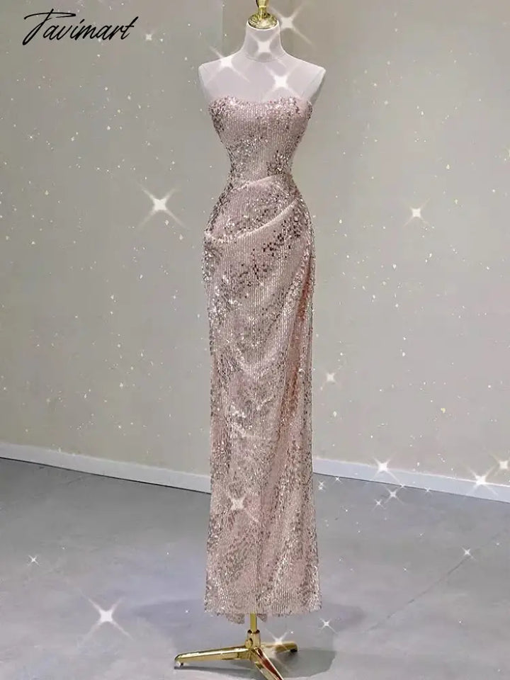 Tavimart - Champagne Pink Cocktail Dresses Strapless Sequins Shiny Party Zipper Tube Top Ceremony