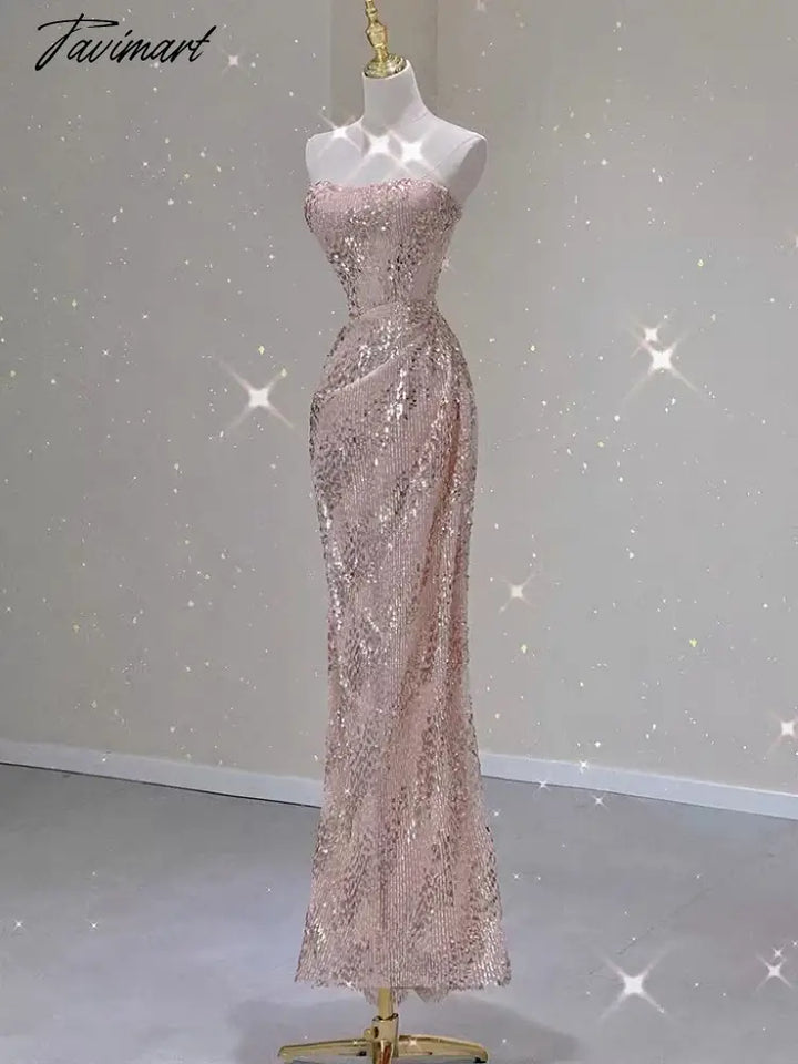 Tavimart - Champagne Pink Cocktail Dresses Strapless Sequins Shiny Party Zipper Tube Top Ceremony