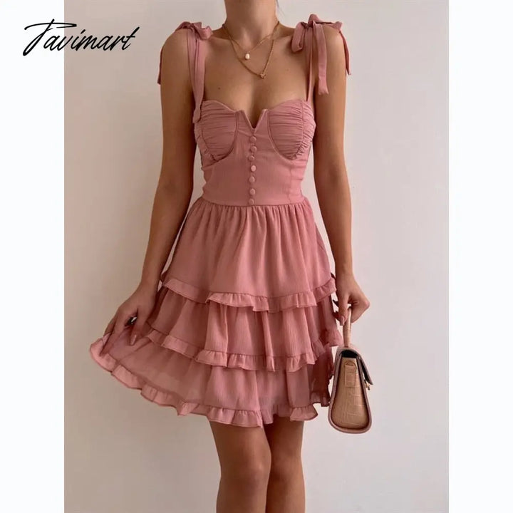 Tavimart Chic Cascading Ruffle Hem Strapless Sling Dress Sexy Women Summer Dresses New Sweet Solid