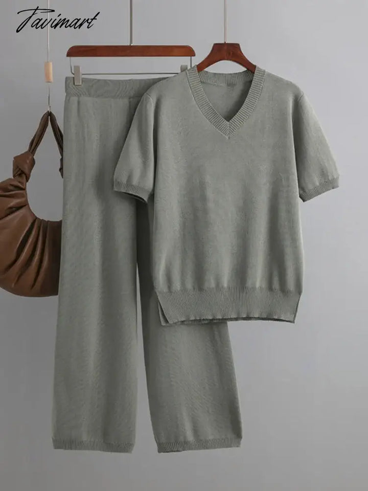 Tavimart Chic Elegant New In Matching Sets Set Woman 2 Pieces Knit Short Sleeve Tracksuit Knitted