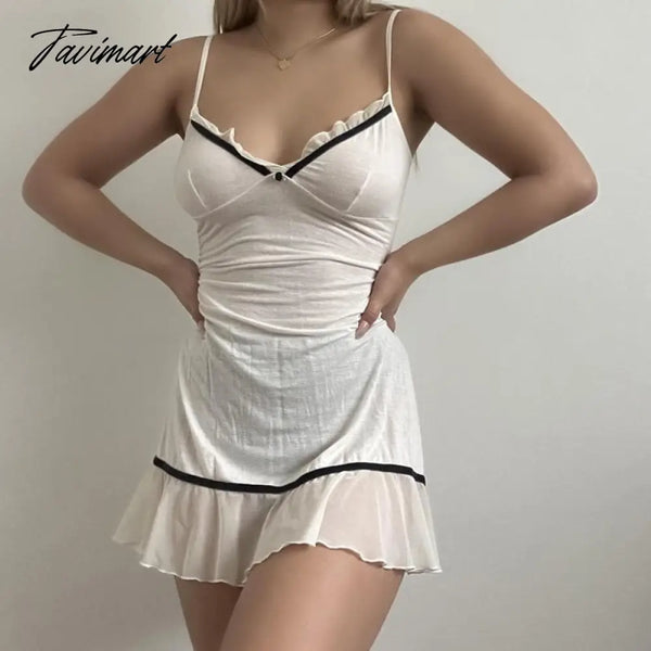 Tavimart Chic Fairycore 90S Vintage Backless Dress Wrap Bodycon 2000S Retro Cute Ruffles V Neck