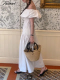 Tavimart Chic Vintage French Robe Temperament Off - Shoulder Ruffled Edge Pleats Dress Short -