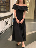 Tavimart Chic Vintage French Robe Temperament Off - Shoulder Ruffled Edge Pleats Dress Short -