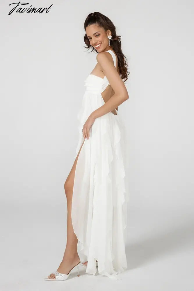 Tavimart - Chiffon Backless Sexy Beach Dress Ruffle Evening Long White Pink Sleeveless Elegant Maxi