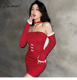 Tavimart Christmas Backless Red Sexy Dress Women Bow Korean Fashion Party Mini Female Casual Long
