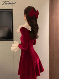Tavimart Christmas Elegant Party Mini Dress Women Hepburn Style Vintage Sweet Velvet Female Flare