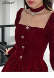 Tavimart Christmas Elegant Velvet Dress Women France Vintage Evening Party Mini Female High Waist