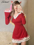 Tavimart Christmas Sexy Mini Dress Women Patchwork Bow Vintage Slim Wool Female Flare Sleeve Sweet