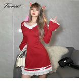 Tavimart Christmas Sexy Mini Dress Women Patchwork Bow Vintage Slim Wool Female Flare Sleeve Sweet