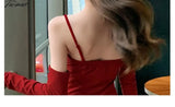 Tavimart Christmas Vintage Strap Red Dress Women Korean Style Sexy Bodycon Party Mini Backless