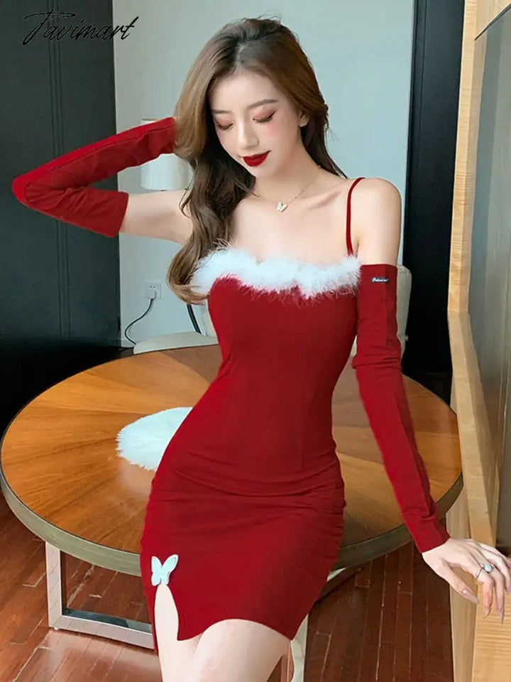 Tavimart Christmas Vintage Strap Red Dress Women Korean Style Sexy Bod – tavimart