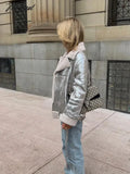 Tavimart Classic Silver Faux Fur Lapel Collar Women’s Jackets Fake Sheepskin Leather Warm Thick