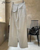 Tavimart Classic Striped Women Pants Summer Casual Cozy Linen High Waist Pockets Loose Long Pant