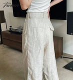 Tavimart Classic Striped Women Pants Summer Casual Cozy Linen High Waist Pockets Loose Long Pant