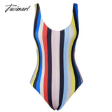 Tavimart Classic Women’s Rainbow Stripe Printing Low - Cut U Collar One - Piece Swimsuit High Cut