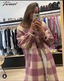 Tavimart Coat Women Ins Fashion Blogger Vintage Oversize Woollen Plaid Long Jacket England Winter
