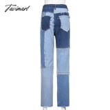 Tavimart Color Block Mom Jeans Women 90S Denim Blue Frayed Hem High Waist Straight - Leg Panel Jean