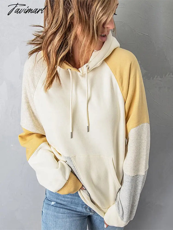 Tavimart Contrast Color Long Sleeved Hooded Sweater Women Casual Sleeve Pocket Tops Newfemale