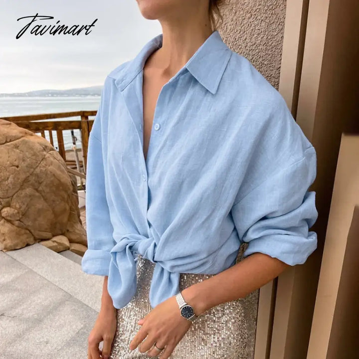 Tavimart - Cotton And Linen Solid Loose Shirts Office Lady Summer Blouse Casual Single Button Turn